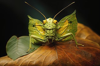 Stylized grasshopper on a leave, AI generated