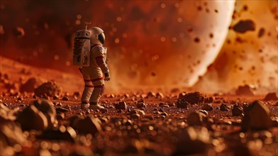 A small astronaut figure stands alone on the vast surface of a reddish alien planet, AI generated