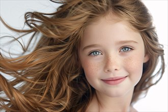 Smiling blond girl child on white background. KI generiert, generiert, AI generated