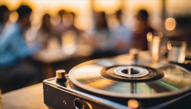 Record player needle on a spinning vinyl record with a blurred party scene in the background, AI