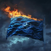 A flag with flames at the top against a night sky, AI generated