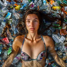 A woman lies in water full of plastic waste, looking into the camera, AI generated