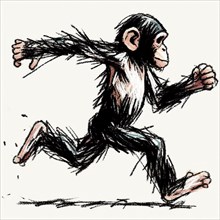 An energetic sketch of a chimpanzee in mid-run with dynamic lines, AI generated