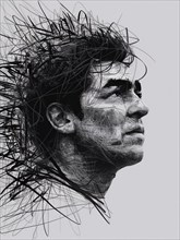 Abstract black and white portrait of a man in profile with a scribble art style, AI generated