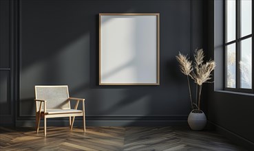 A blank image frame mockup on a deep charcoal gray wall AI generated