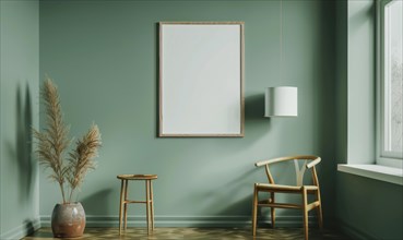 A blank image frame mockup on a sage green wall AI generated