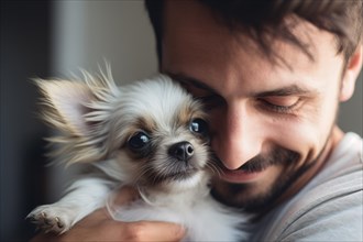Man cuddling with small Chihuahua dog. KI generiert, generiert, AI generated
