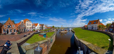 Historic houses at Greetsiel harbour, panoramic photo, Greetsiel, Krummhoern, East Frisia, Lower