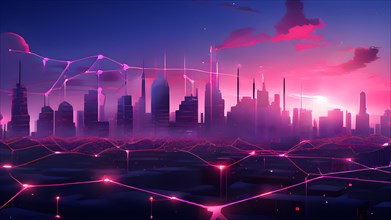 Ai generated conceptual illustration of a neuronal network with city skyline in the background in