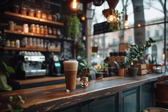 A carefully crafted latte on a rustic coffee shop counter with soft bokeh lights, AI generated