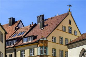 Pointed gable house with chimneys, dormers and bay windows, Kaufbeuern, Allgaeu, Swabia, Bavaria,