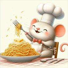 Delightful illustration of a cartoon chef mouse savoring a delicious plate of spaghetti, exhibiting