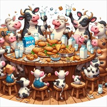 Cheerful group of animated cows gathers around a large wooden table, joyously feasting on an