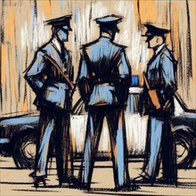 Stylized illustration of three policemen in uniform having a conversation, AI generated