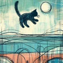 Playful abstract image of a black cat bouncing with a soft pastel-toned backdrop, AI generated