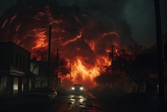 A car is driving down a street escaping a large fire in the background. The scene is dark and