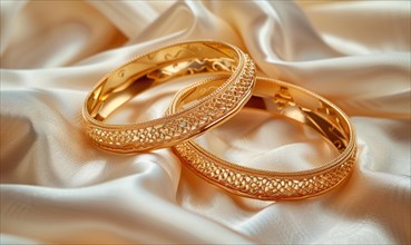 Pair of intricately designed gold bracelets arranged on a smooth satin material background AI