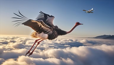 Conceptual image of ostrich flying above the clouds and small aircraft, AI generated
