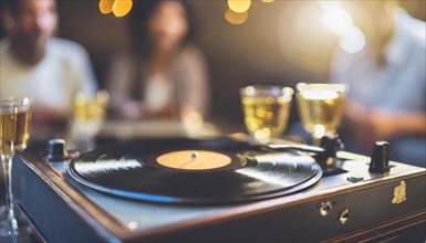 Turntable with vinyl record in a social setting with wine glasses and warm lighting, AI generated