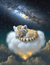 Adorable tiger cub rests peacefully on a cloud against a magnificent cosmic background, AI