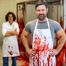 Butcher with a blood-stained apron stands confidently in a meat locker with colleague behind, AI