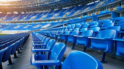 Big empty stadium full of blue seats, AI generated