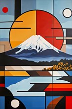 A peaceful landscape with the impressive Mount Fuji in the distance, surrounded by geometric