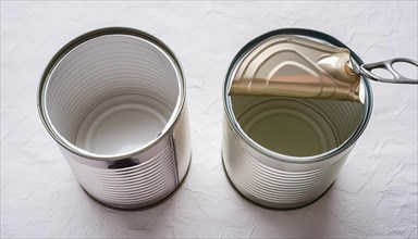 Symbol photo, two empty open cans on a white surface, AI generated, AI generated