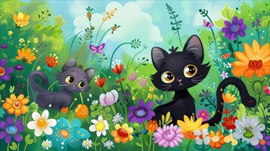 Various cartoon cats playing among vibrant, lush wildflowers, AI generated