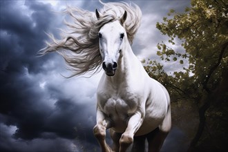 Rearing white horse in thicket, AI generated