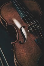 Side view of a violin, emphasising the wood texture and craftsmanship