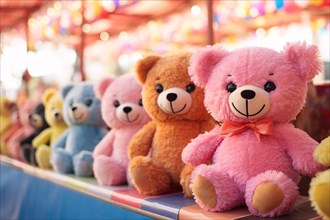 Colorful teddy bear plush toy prizes at funfair booth. KI generiert, generiert, AI generated