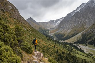 Hiker, Green Mountain Valley, Chong Kyzyl Suu Valley, Terskey Ala Too, Tien-Shan Mountains,