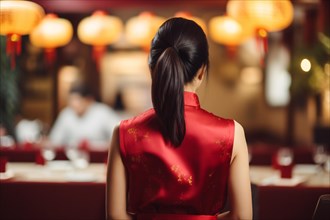 Back view of waitress in Chinese restaurant. KI generiert, generiert, AI generated