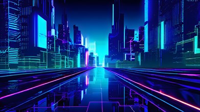 AI generated illustration of a cityscape with skyscrapers and holographic elements in blue and pink