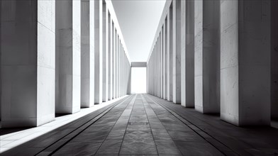 Perspective view of a symmetrical hallway with columns in greyscale tones, AI generated