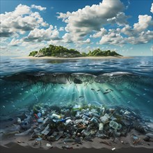 Idyllic island on the sea with hidden plastic waste pollution under the water surface, AI generated