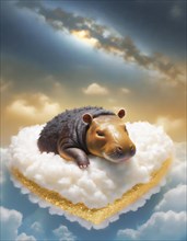 Playful illustration of a capybara lounging on a fluffy cloud with a beautiful sunset backdrop, AI