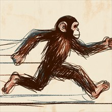 Illustrated chimpanzee in dynamic running pose on textured background, AI generated