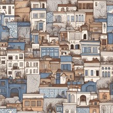 Decorative illustration of urban architecture pattern with blue and tan buildings, AI generated