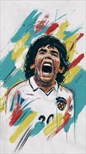 Abstract painting of an excited soccer player with colorful strokes, AI generated