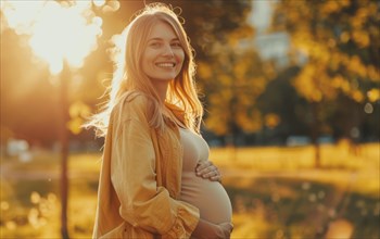 Happy pregnant woman smiling. A concept of motherhood and future family, AI generated