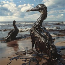 An oil-covered Bird stands proud but aggravated on a polluted beach, AI generated