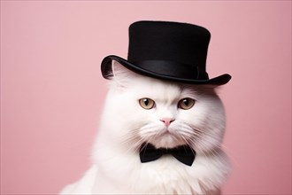 White cat with black top hat and bow tie on pink background. KI generiert, generiert, AI generated