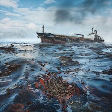 A stranded tanker in polluted water against a mountain backdrop, oil spill, environmental disaster,