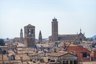 View over the roofs of Venice with church towers and church, view from the roof of the Fondaco dei