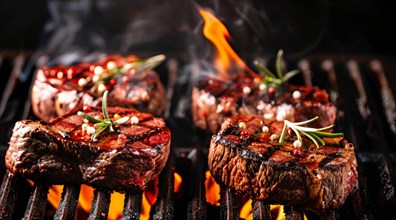 Delicious juicy beef steak is being grilled on a hot grill with flames and smoke surrounding it, AI