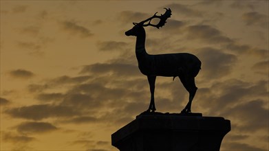 Silhouette of a Deer against the dramatic background of a sunset, twilight, Deer statue, Mandraki