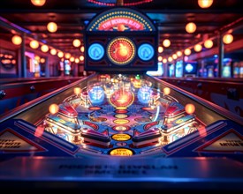 Close-up of a colorful pinball machine playfield with vibrant lights and reflections, AI Generated,