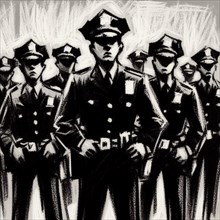 Monochrome sketch depicting a group of uniformed personnel exuding authority and order, AI